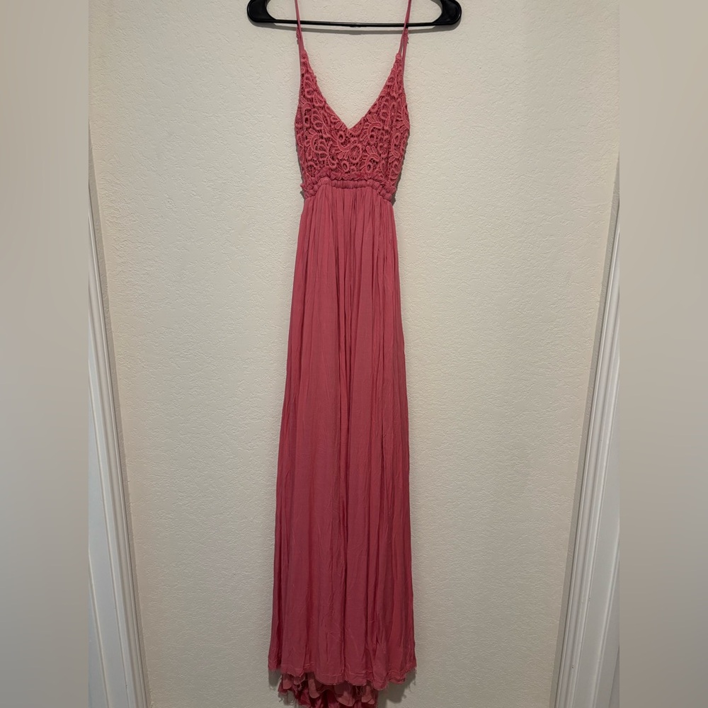Rose Pink Crochet Bodice Maxi Dress with Spaghetti Straps